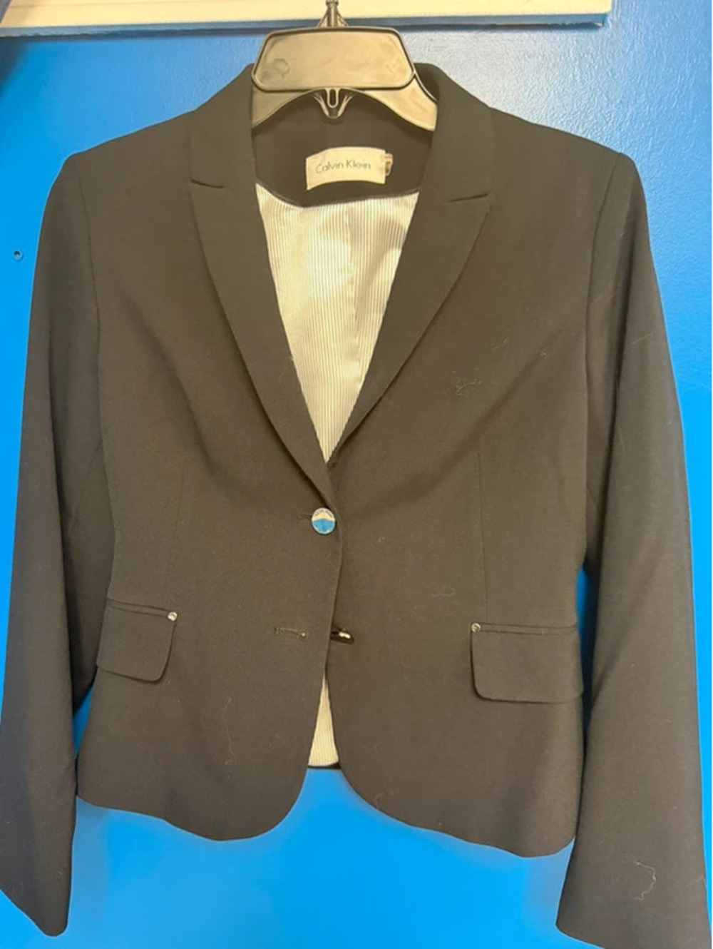 Calvin Klein Black Striped Lined Two-Button Blazer Jacket Size 6P